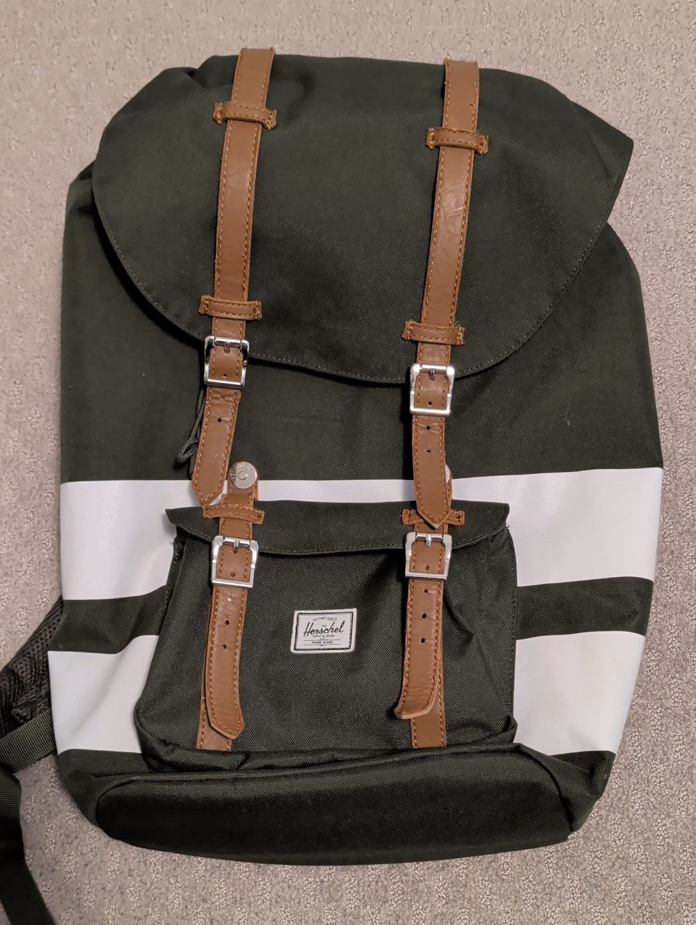 Herschel Supply Company Dark Green and White Striped Backpack with Brown Accents